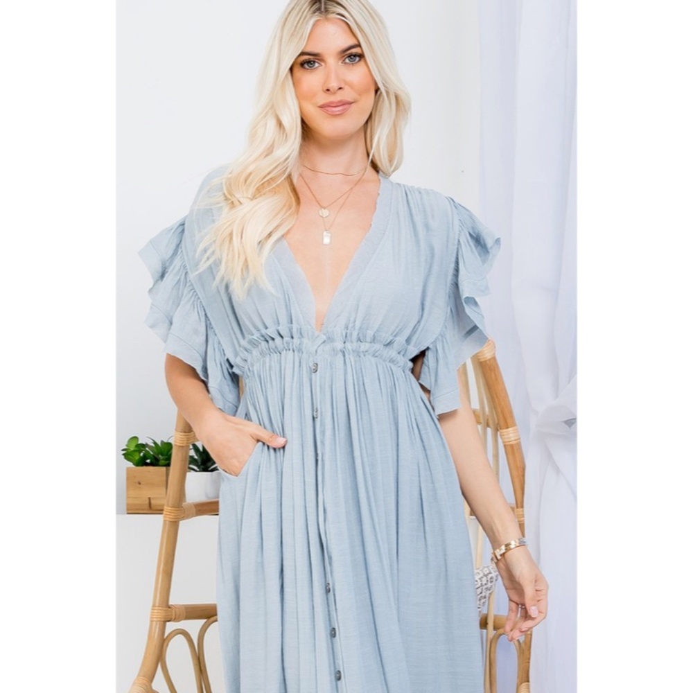 SOLD OUT Misty Blue Gauze Boho Button Short Slv Deep V Woven Gathered Maxi - Picture 4 of 7
